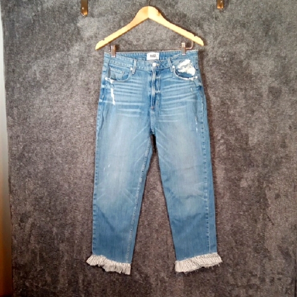 Paige High Rise Sarah Straight Fringe Hem Distressed Womens Jeans Size 30 - Picture 1 of 10